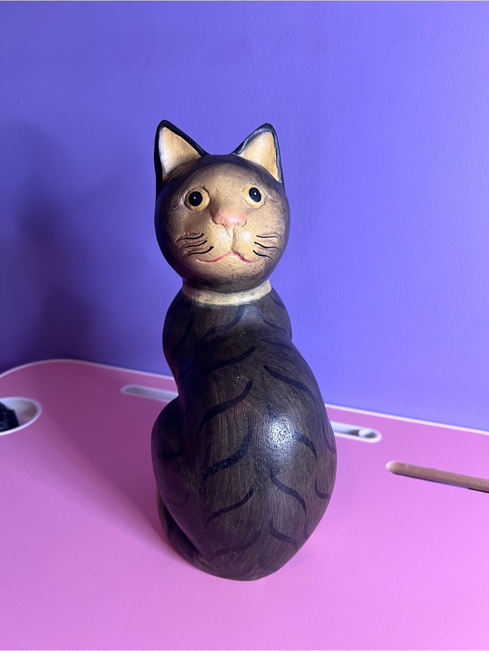 Wooden Hand Carved Cat Statue